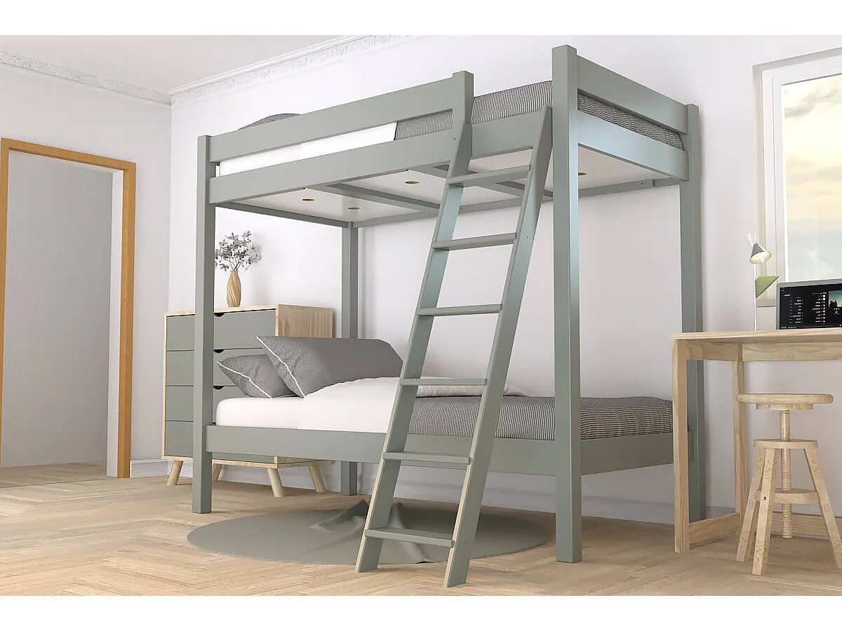 Lit superposé 2 places 90x190 échelle inclinée bois ABC, Gris