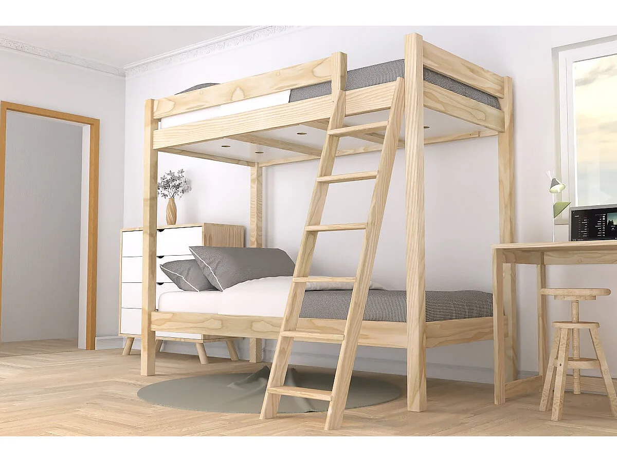 Letto a castello 2 posti 90x190 con scala inclinata legno ABC, Legno Grezzo (senza vernice)