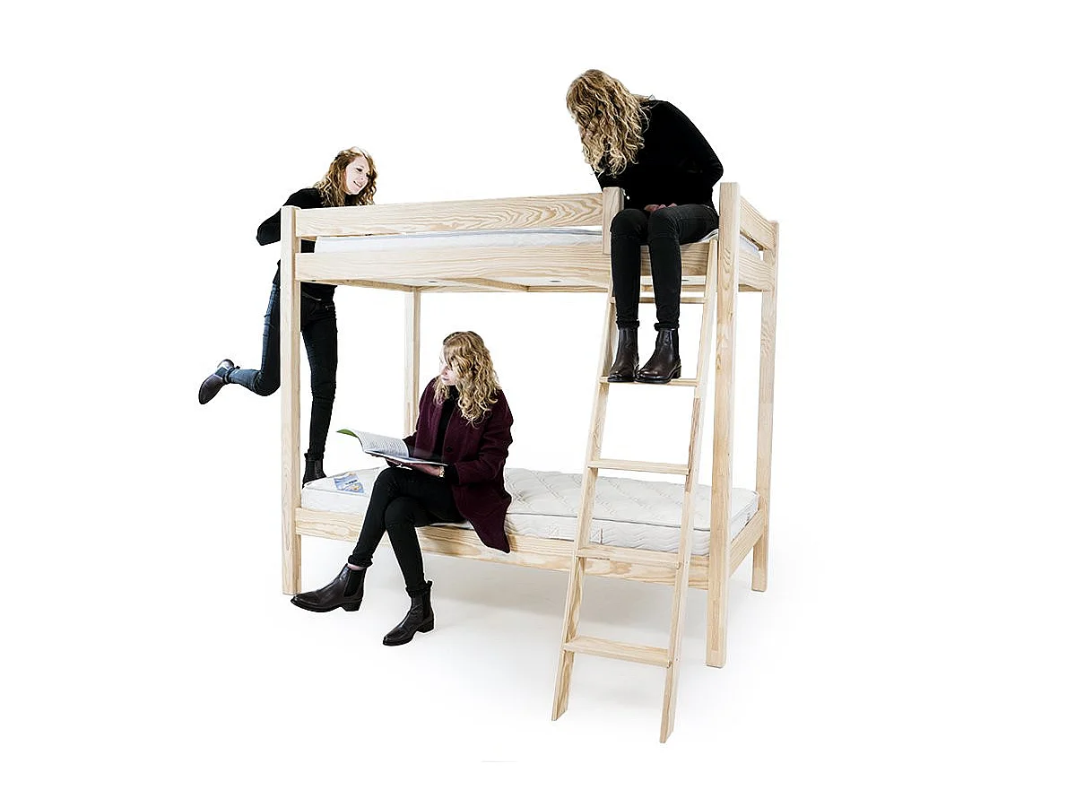 Letto a castello 2 posti 90x190 con scala inclinata legno ABC, Legno Grezzo (senza vernice)