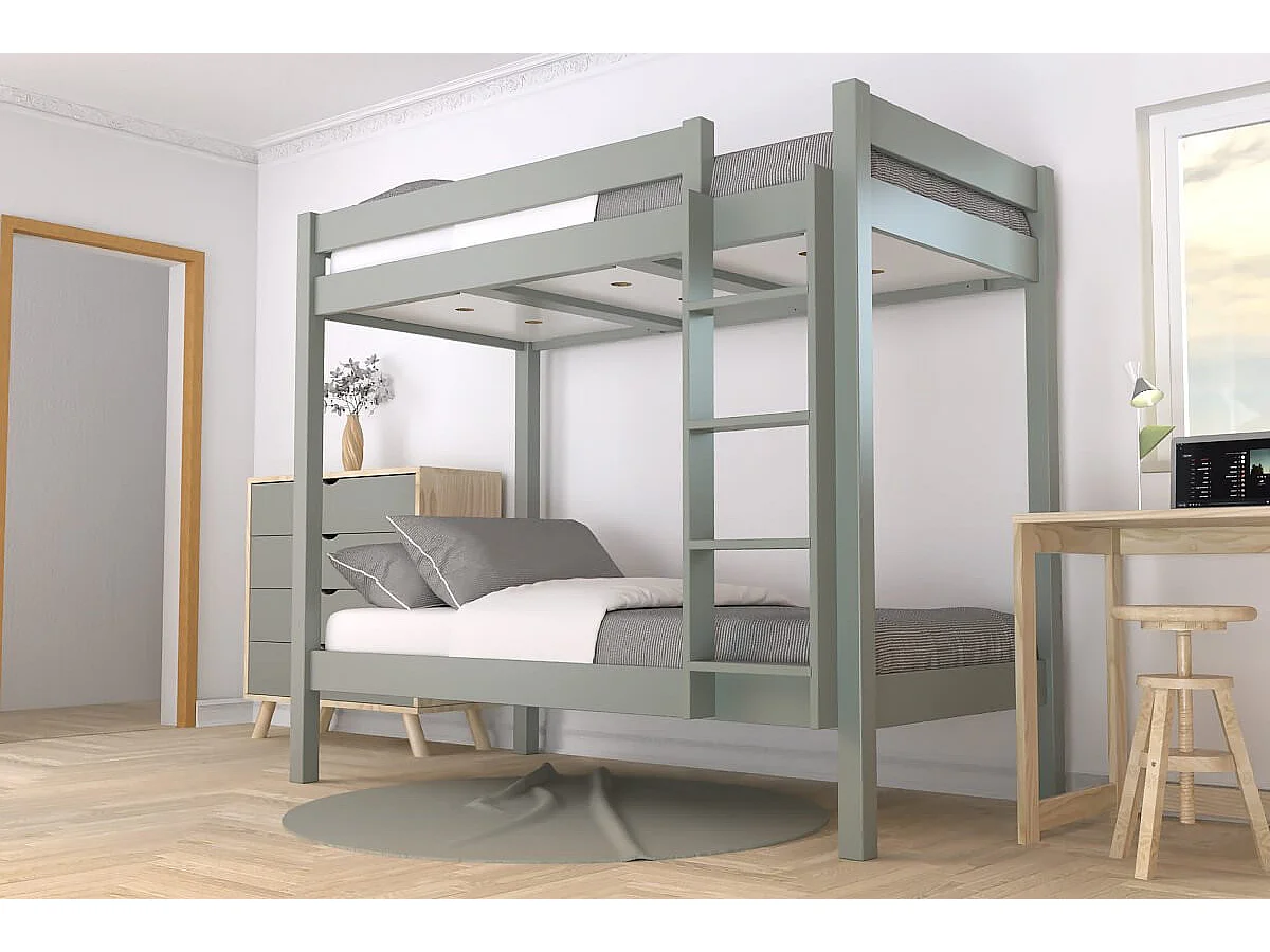Lit superposé 2 places 90x190 échelle droite bois ABC, Gris