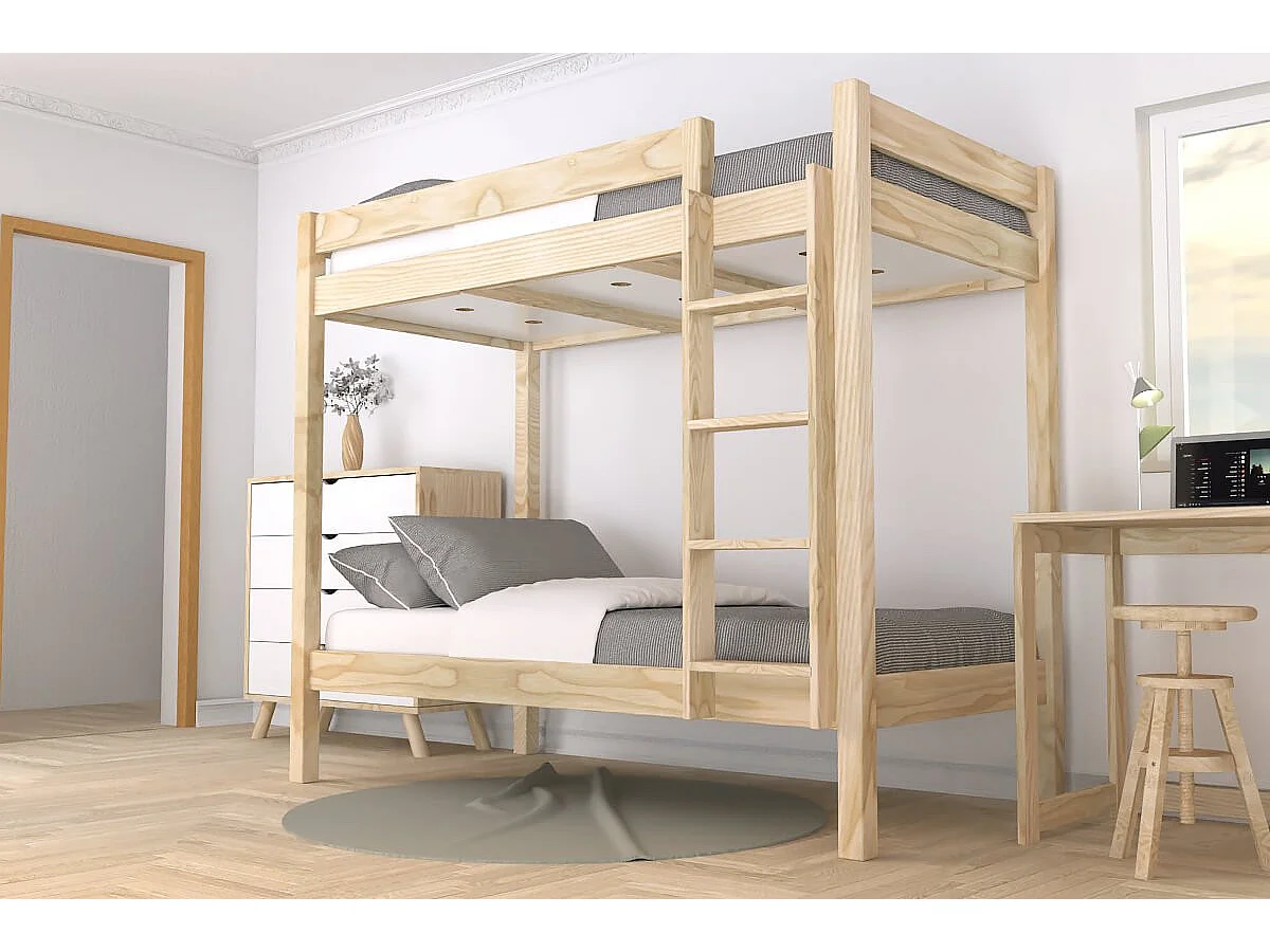 Lit superposé 2 places 90x190 échelle droite bois ABC, Brut (sans vernis)