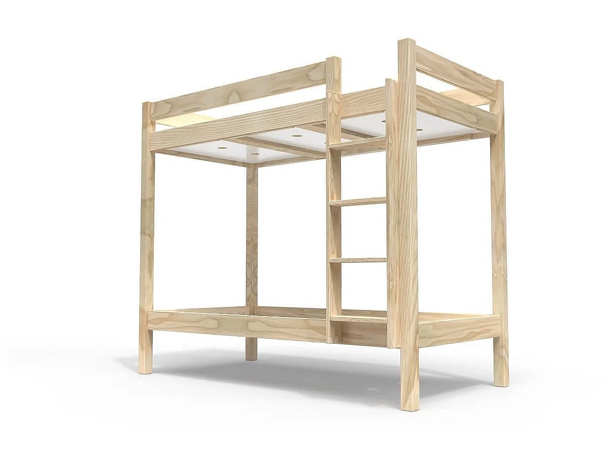 Lit superposé 2 places 90x190 échelle droite bois ABC, Brut (sans vernis)