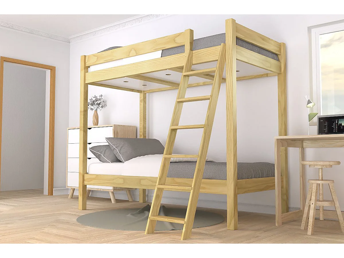 Lit superposé 2 places 90x190 échelle inclinée bois ABC, Miel