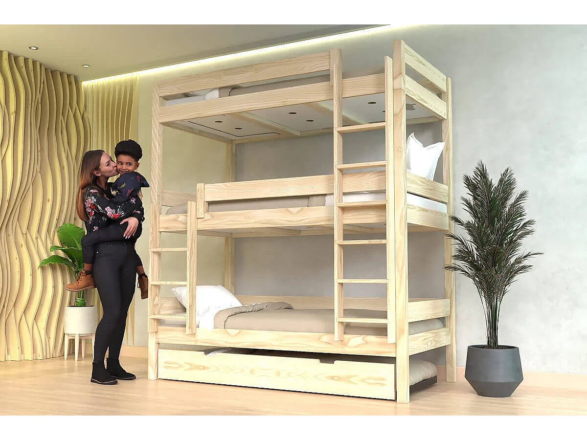 Lit superposé 4 places 90x190 en bois massif ABC, Brut (sans vernis)