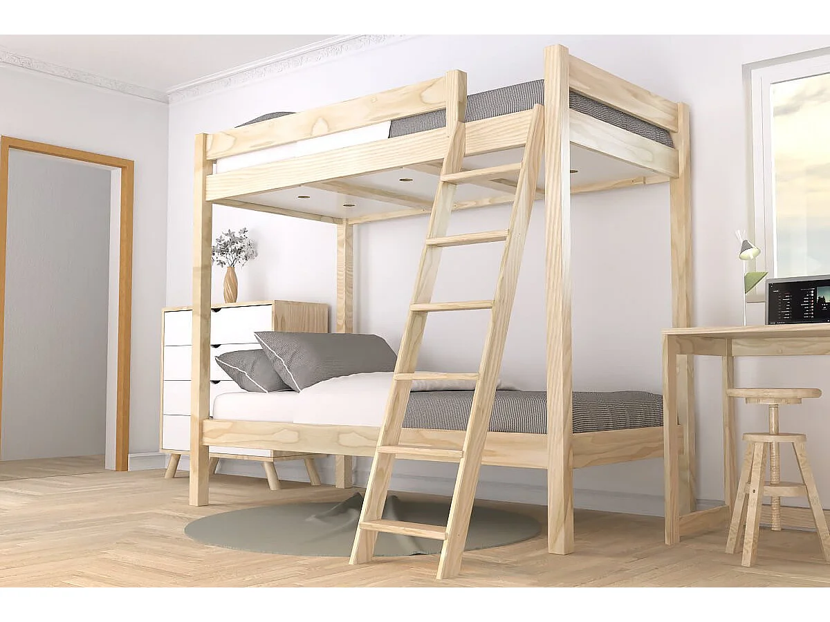 Lit superposé 2 places 90x190 échelle inclinée bois ABC, Vernis Naturel