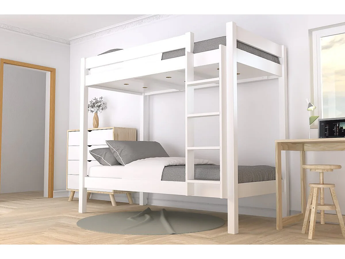 Lit superposé 2 places 90x190 échelle droite bois ABC, Blanc