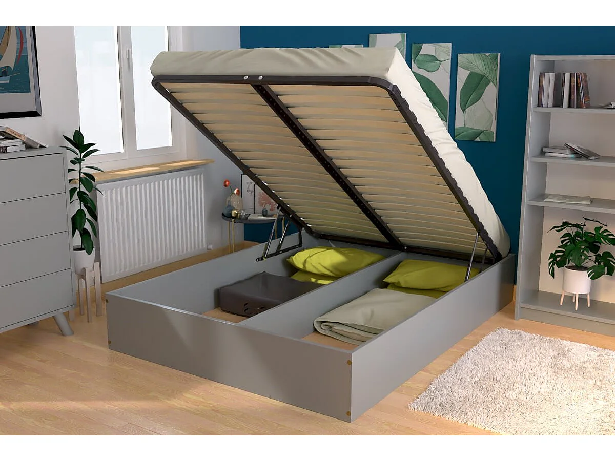 Lit coffre 2 places bois massif robuste - 140x200, Gris