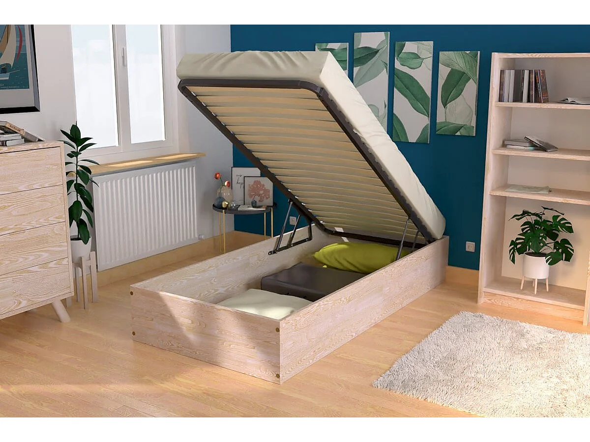 Lit coffre 90x190 - 1 place bois massif, Brut (sans vernis)