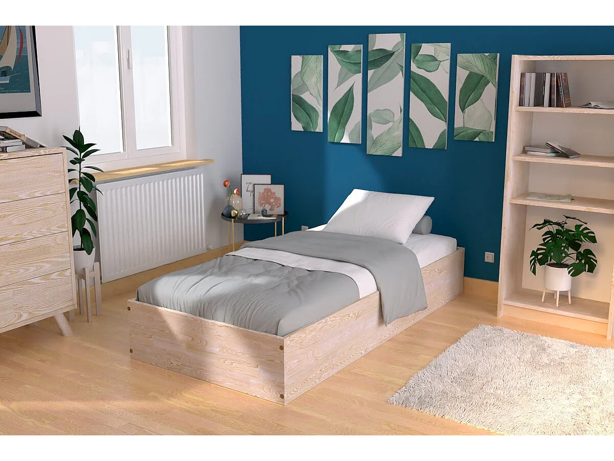 Lit coffre 90x190 - 1 place bois massif, Brut (sans vernis)