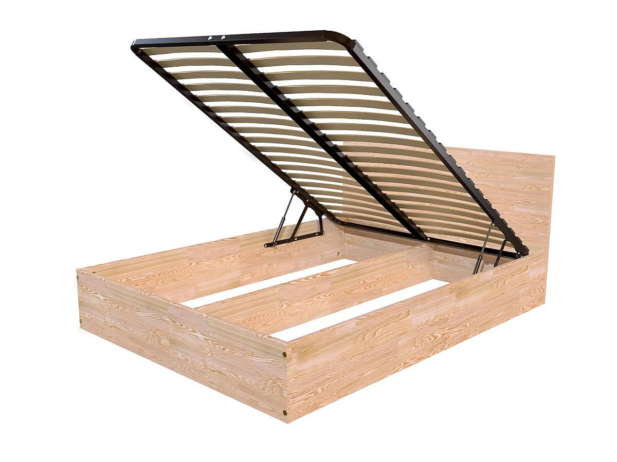 Lit coffre 2 places en bois avec tête de lit - 140x200, Brut (sans vernis)