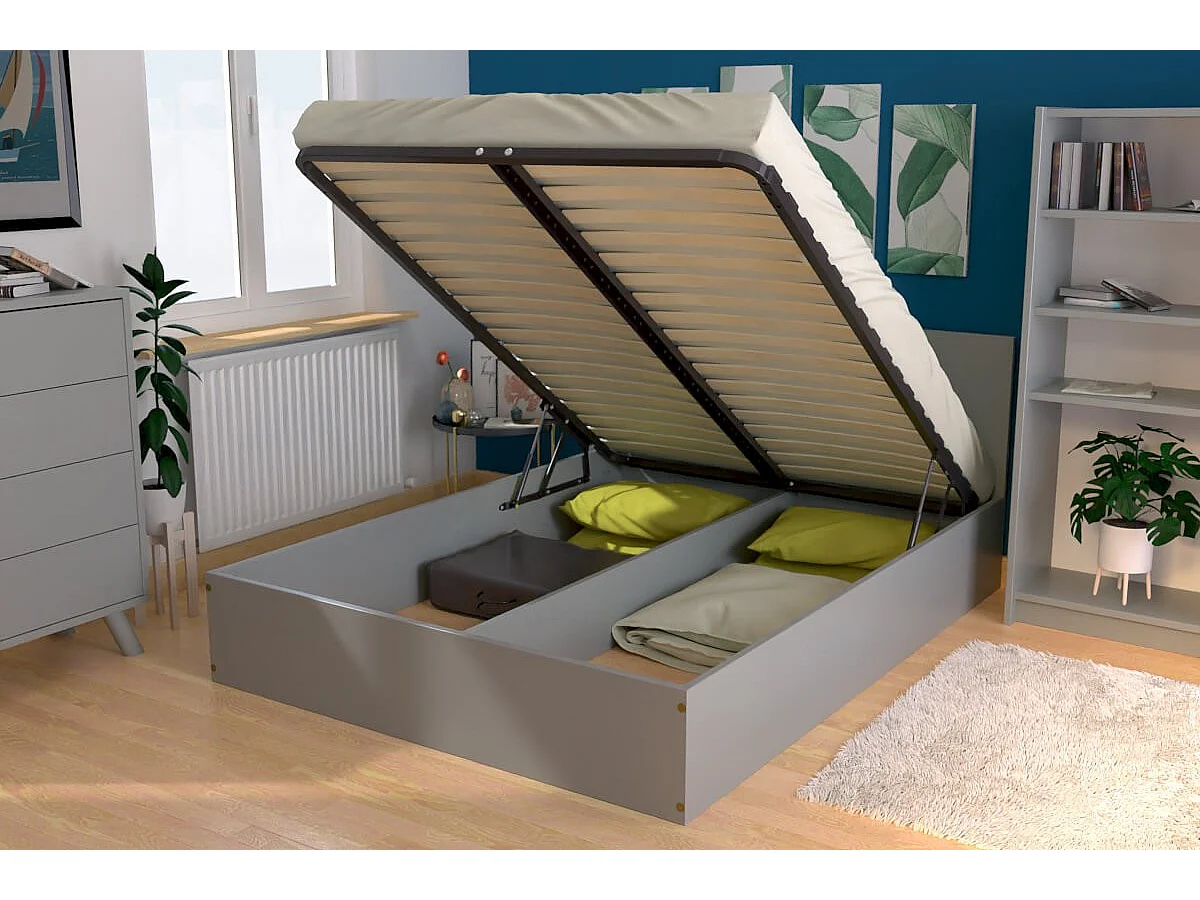Lit coffre 2 places en bois avec tête de lit -  140x190, Gris