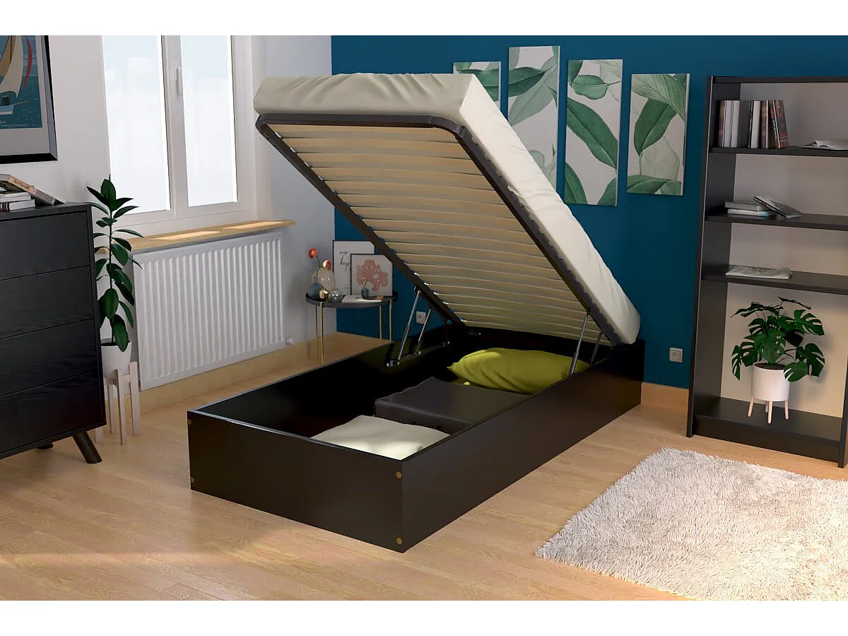 Lit coffre 90x190 - 1 place bois massif, Noir