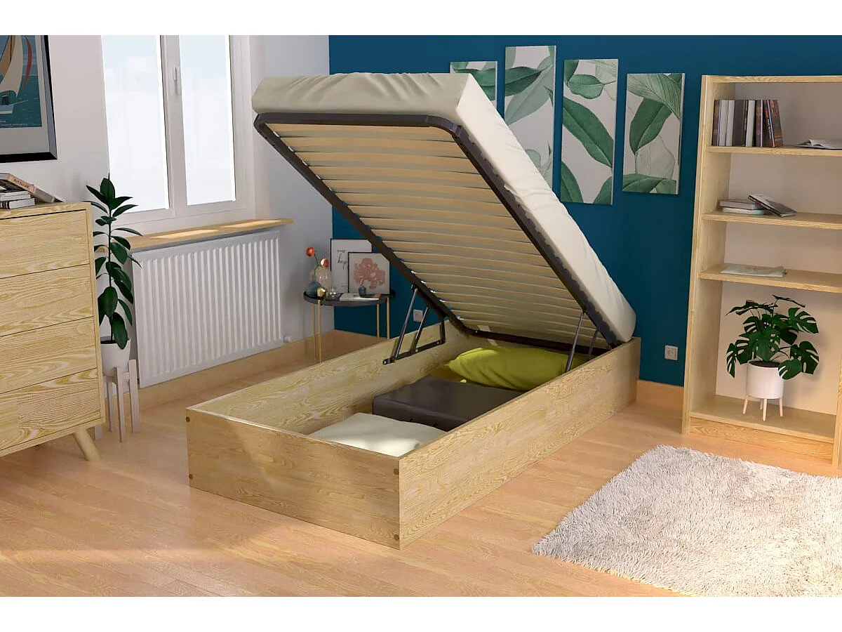 Lit coffre 90x190 - 1 place bois massif, Miel