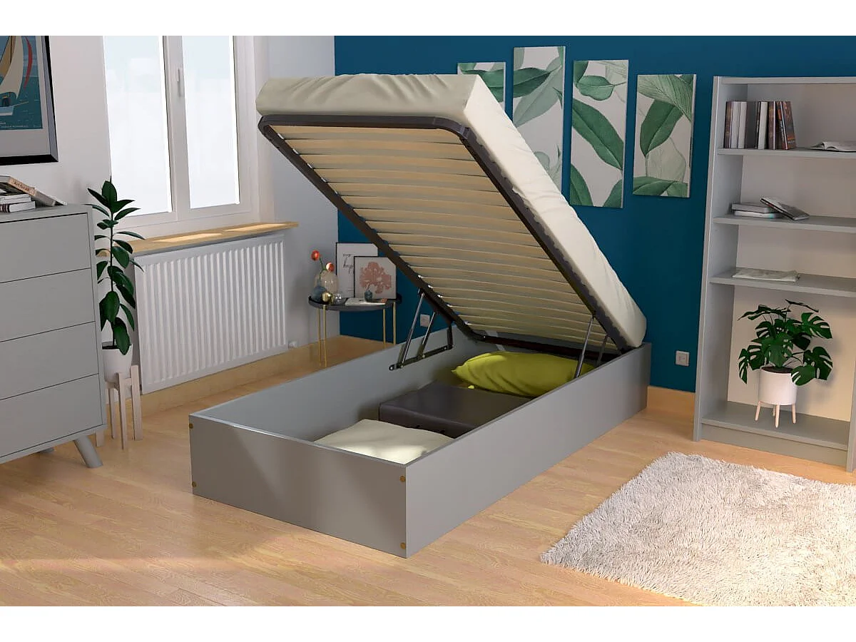Lit coffre 90x200 - 1 place bois massif, Gris