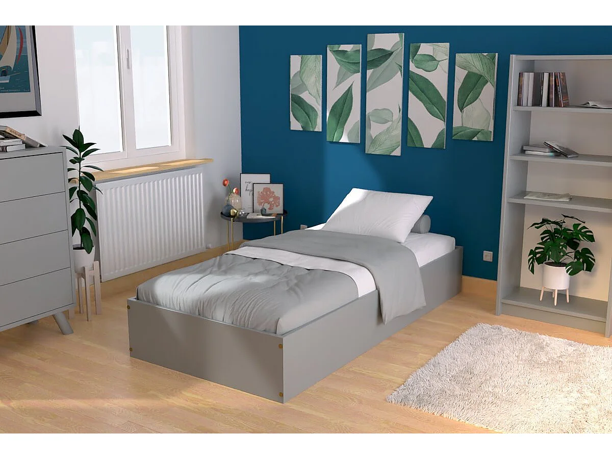 Lit coffre 90x200 - 1 place bois massif, Gris