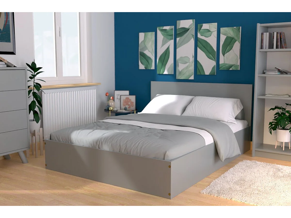 Lit coffre 2 places avec tête de lit en bois - 160x200, Gris