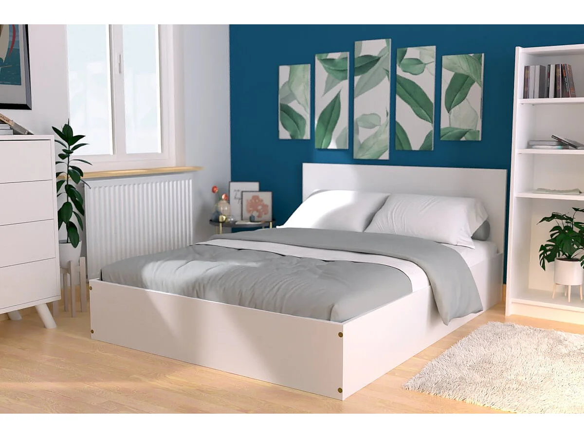 Lit coffre 2 places en bois avec tête de lit -  140x190, Blanc