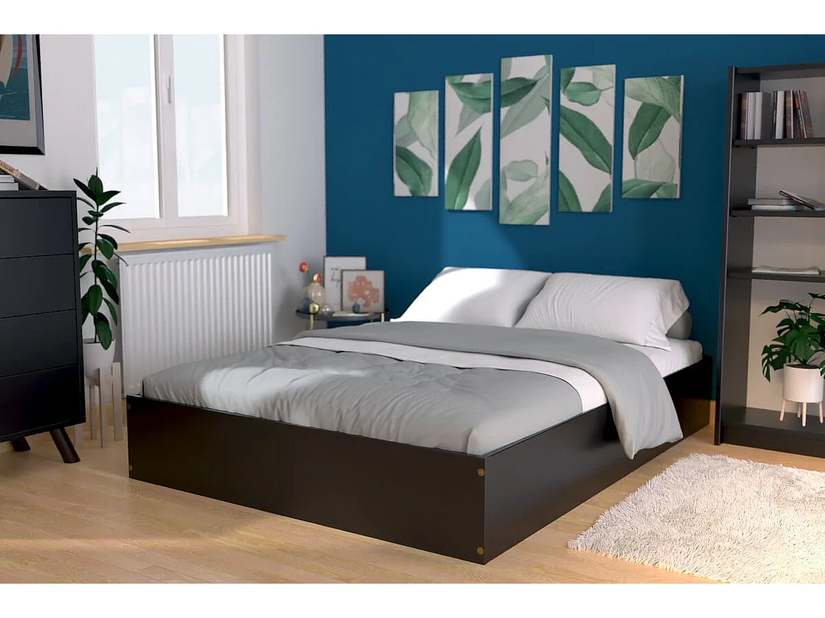 Lit coffre 2 places bois massif robuste - 140x190, Noir