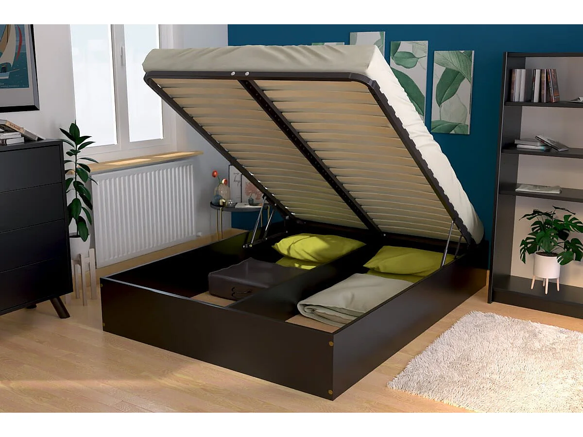 Lit coffre 2 places bois massif robuste - 160x200, Noir
