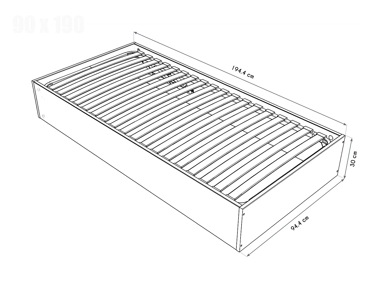 Lit coffre 90x190 - 1 place bois massif, Vernis Naturel