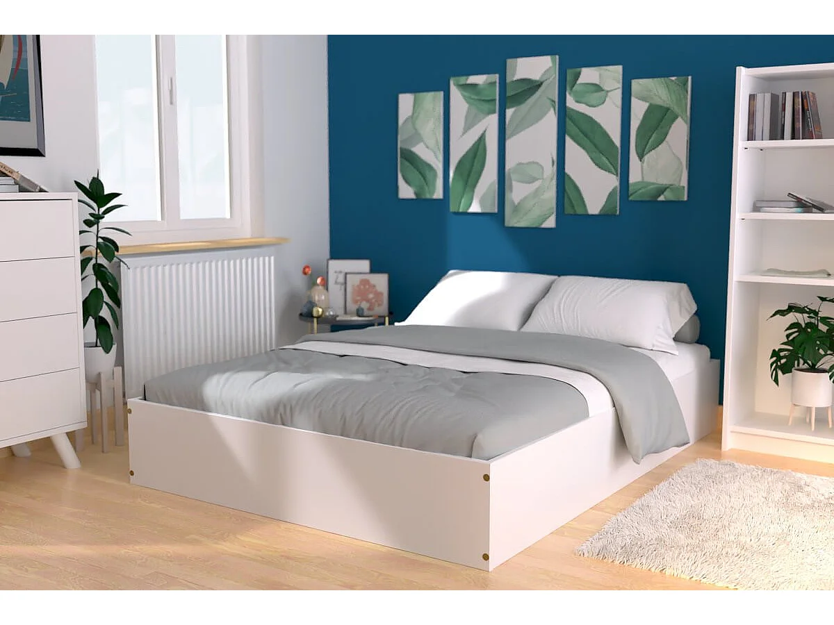 Lit coffre 2 places bois massif robuste - 140x190, Blanc