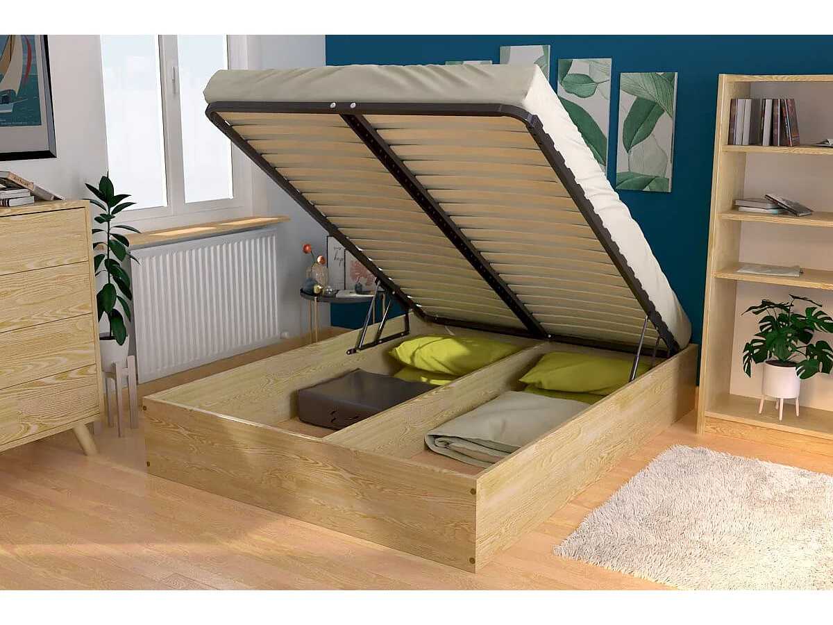 Lit coffre 2 places bois massif robuste - 140x190, Miel