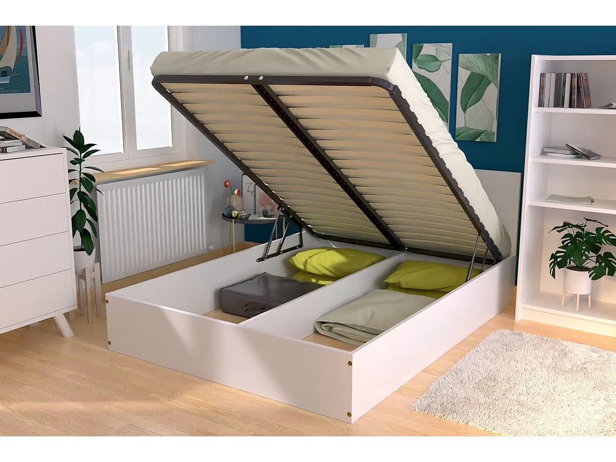 Lit coffre 2 places en bois avec tête de lit - 140x200, Blanc