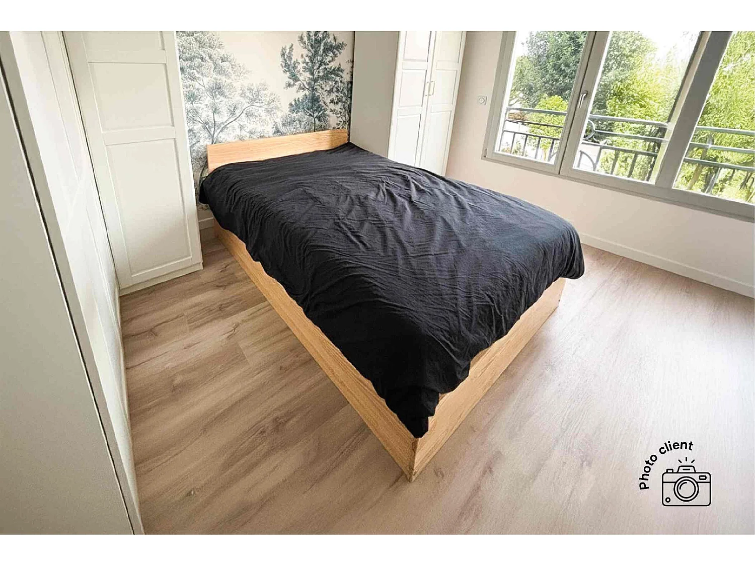 Lit coffre 2 places avec tête de lit en bois - 160x200, Blanc
