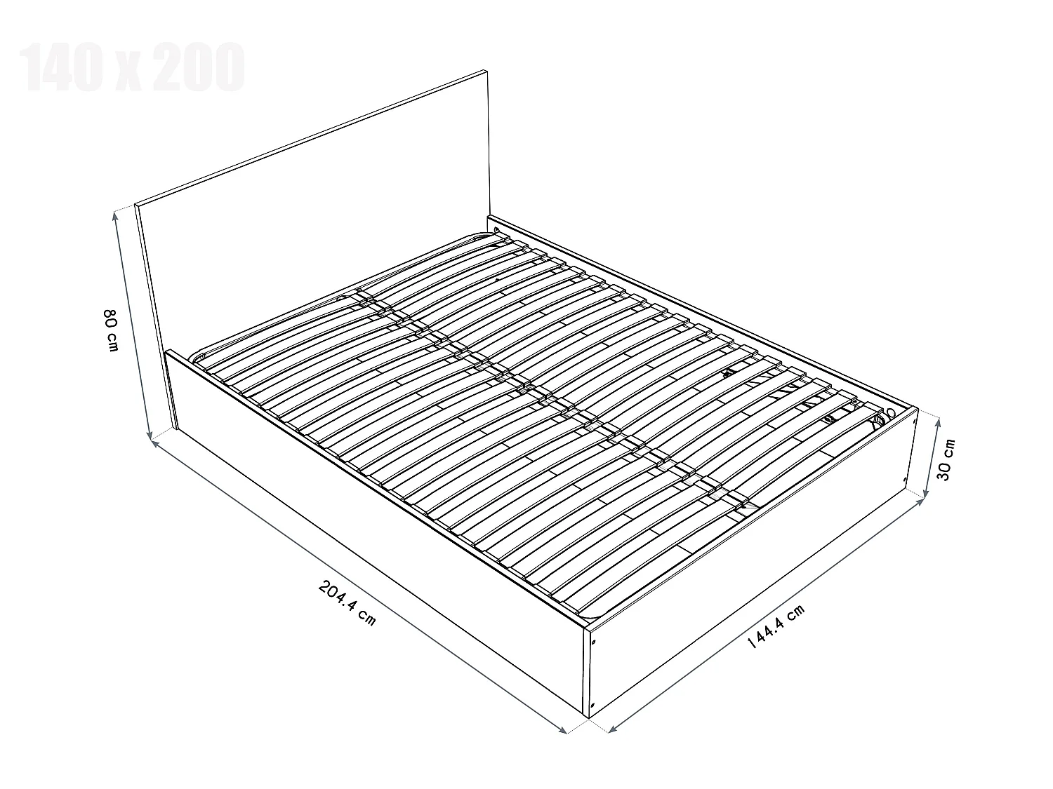 Lit coffre 2 places en bois avec tête de lit - 140x200, Gris