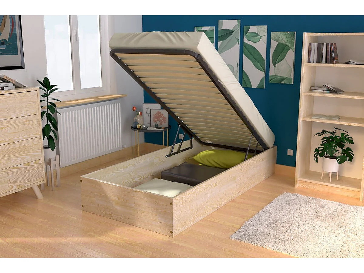 Lit coffre 90x200 - 1 place bois massif, Vernis Naturel