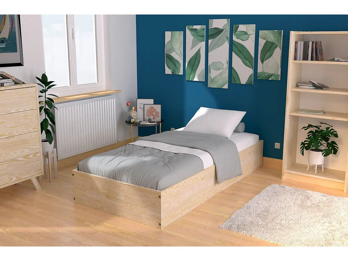 Lit coffre 90x200 - 1 place bois massif, Vernis Naturel