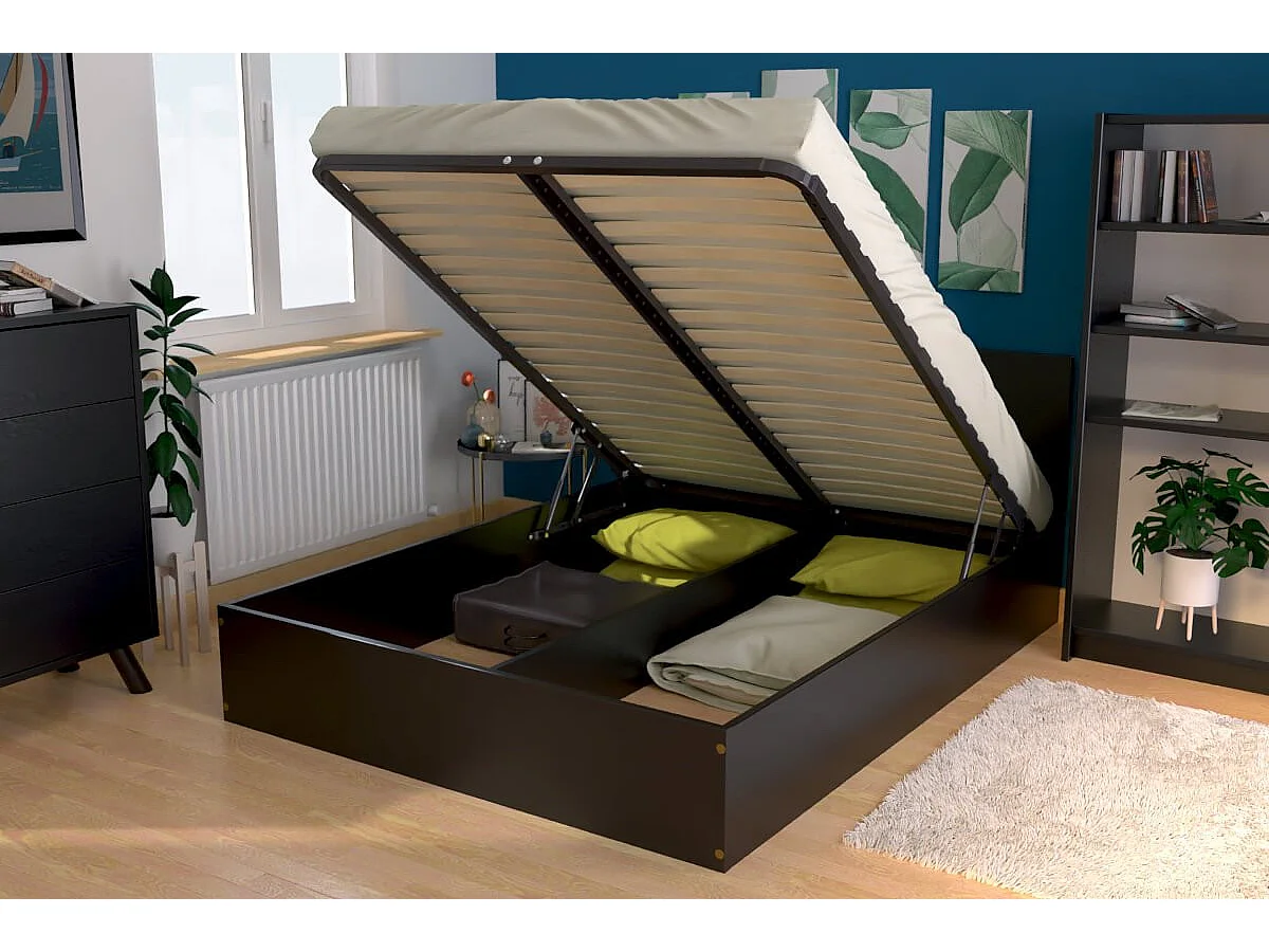 Lit coffre 2 places en bois avec tête de lit -  140x190, Noir