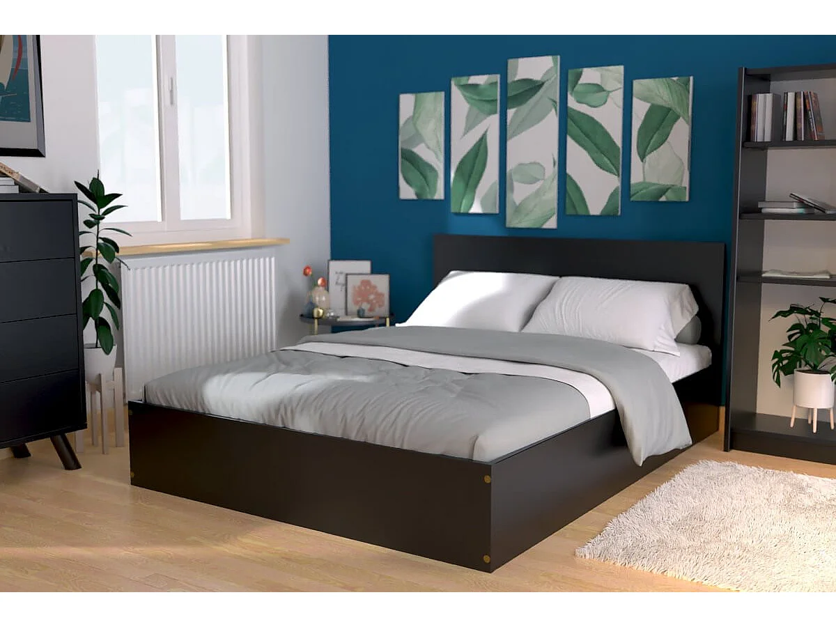 Lit coffre 2 places en bois avec tête de lit -  140x190, Noir