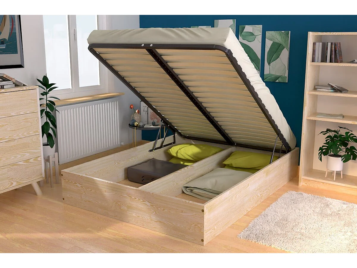 Lit coffre 2 places bois massif robuste - 160x200, Vernis Naturel