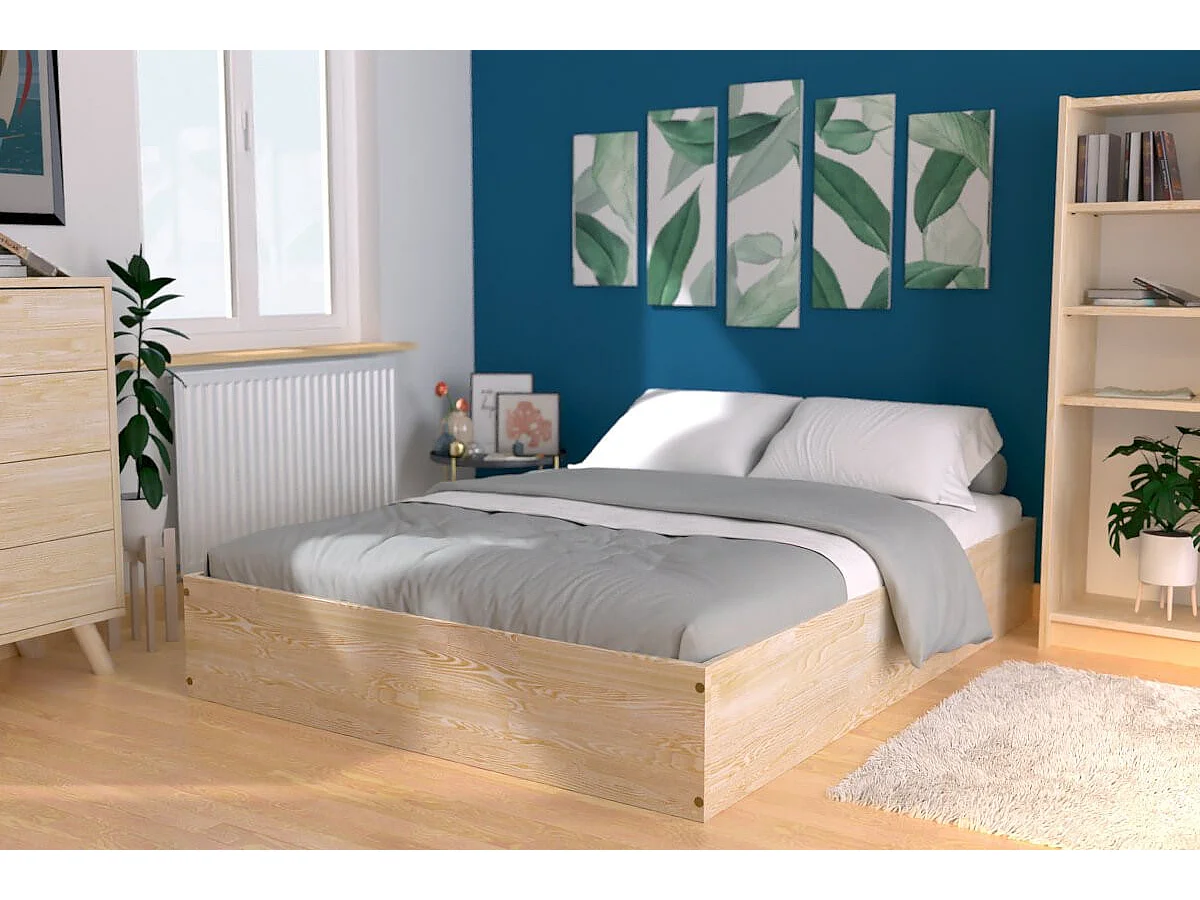 Lit coffre 2 places bois massif robuste - 160x200, Vernis Naturel
