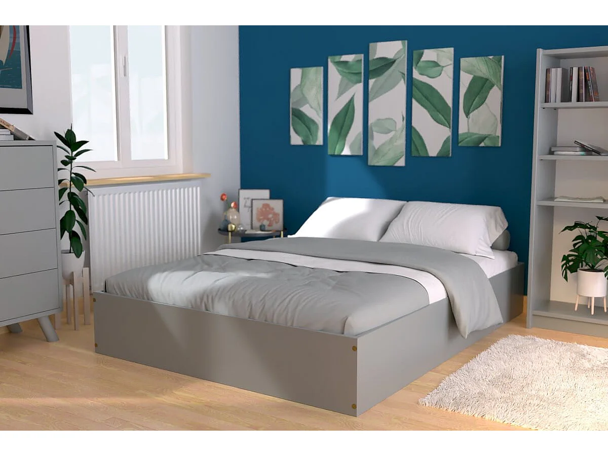 Lit coffre 2 places bois massif robuste - 140x190, Gris