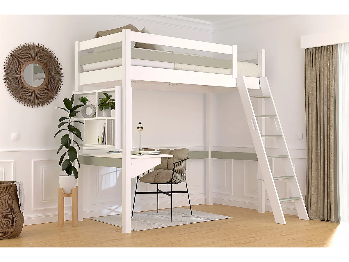 Lit mezzanine 1 place bois Sylvia 90x200 échelle inclinée, Blanc/Moka