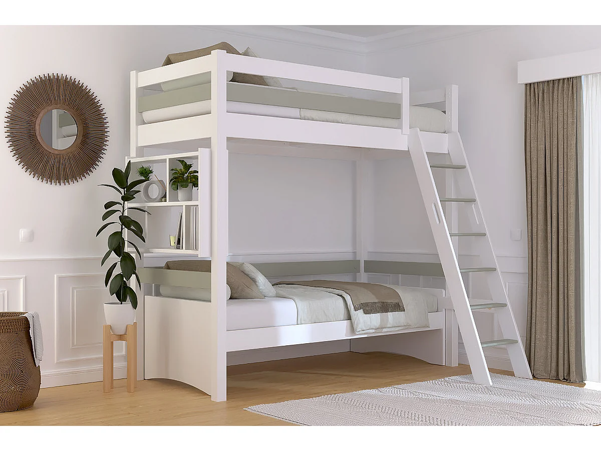 Lit mezzanine 1 place bois Sylvia 90x200 échelle inclinée, Blanc/Moka