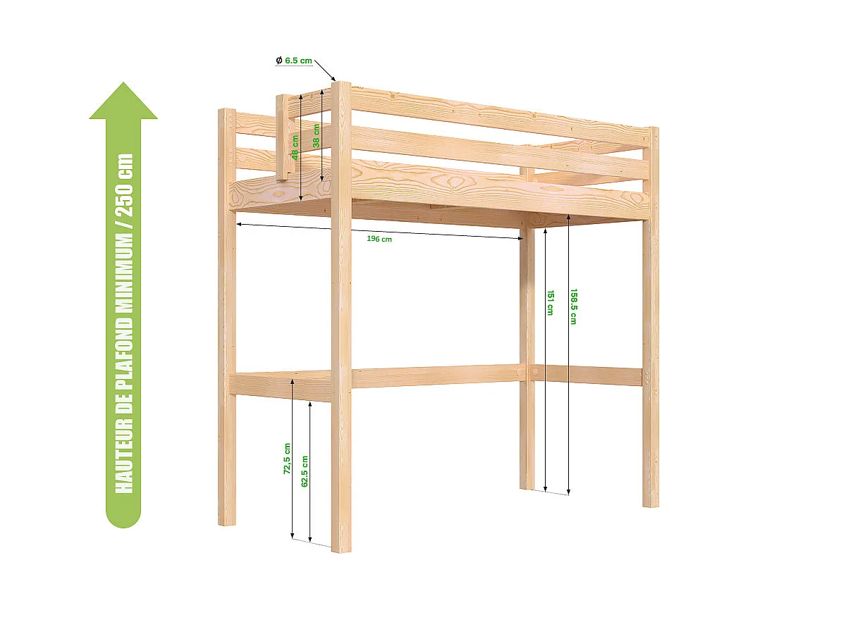 Lit mezzanine 1 place bois Sylvia 90x200 échelle inclinée, Blanc/Moka