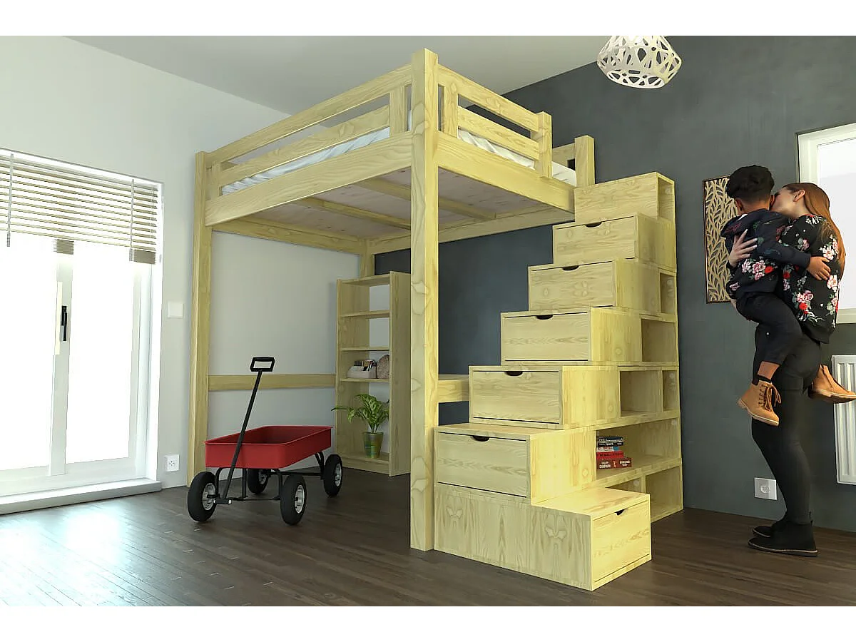Lit Mezzanine adulte bois 140x200 Alpage hauteur réglable + escalier cube, Miel