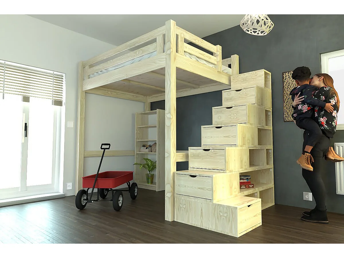 Letto a soppalco adulti legno 140x200 Alpage regolabile in altezza + scala a cubo, Vernice Naturale