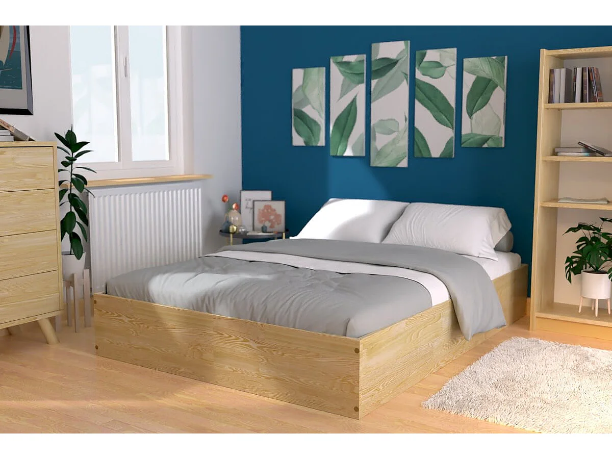 Lit coffre 2 places bois massif robuste - 160x200, Miel