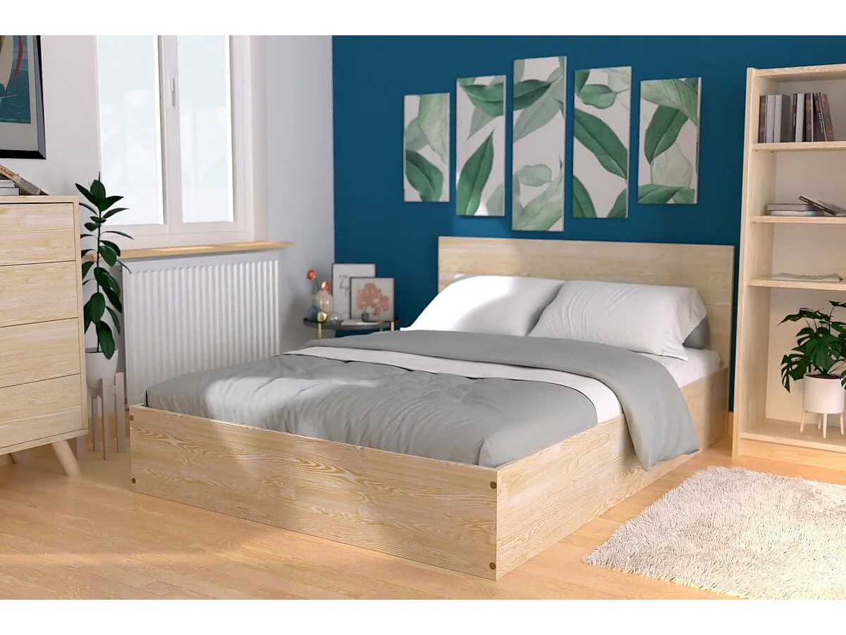Lit coffre 2 places en bois avec tête de lit -  140x190, Vernis Naturel