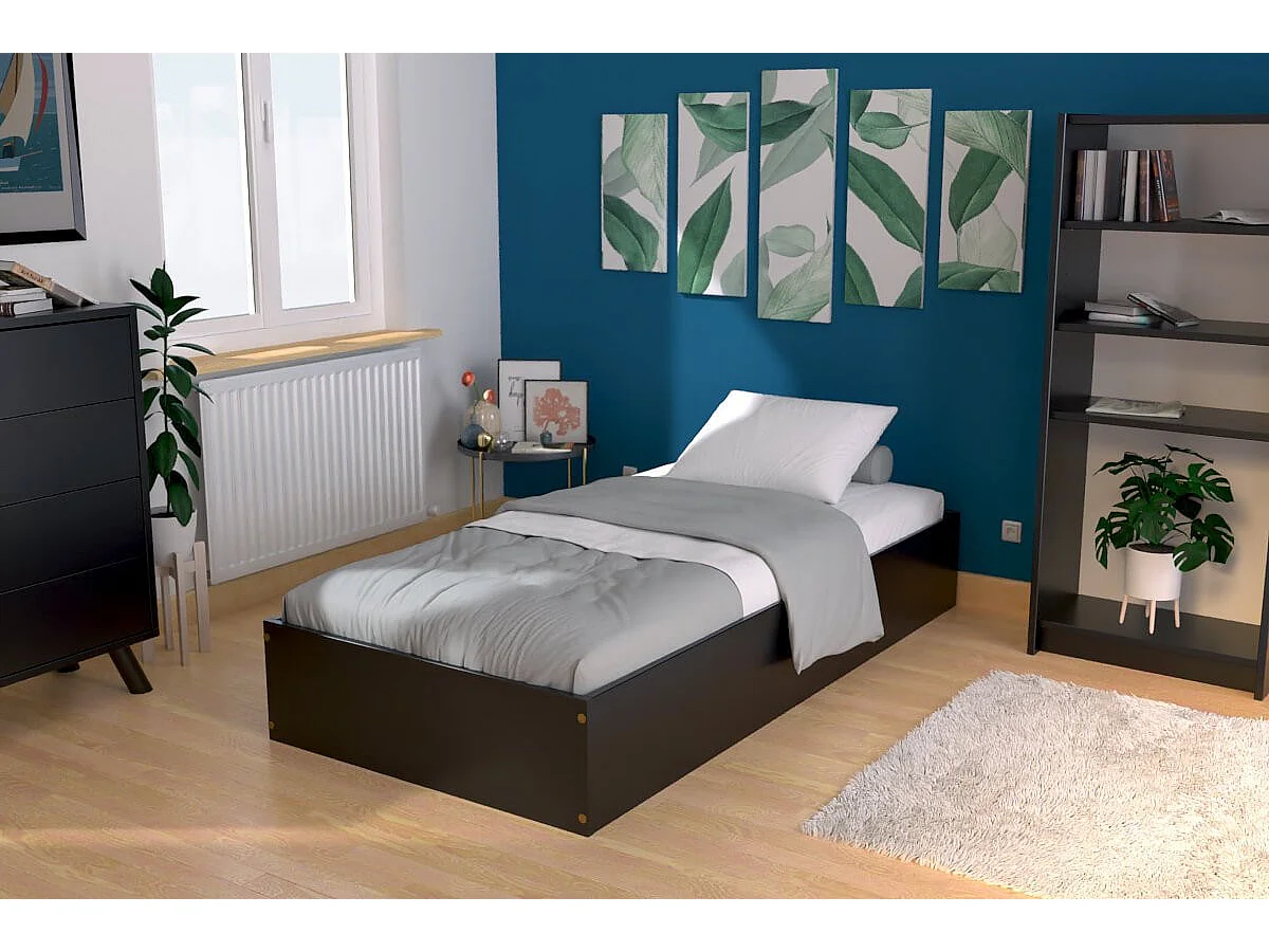Lit coffre 90x200 - 1 place bois massif, Noir
