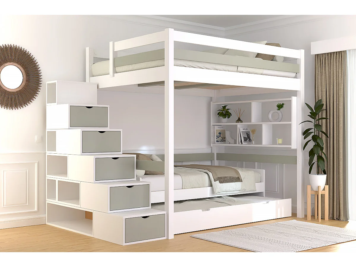 Lit mezzanine bois 140x200 Sylvia avec escalier cube, Blanc/Moka