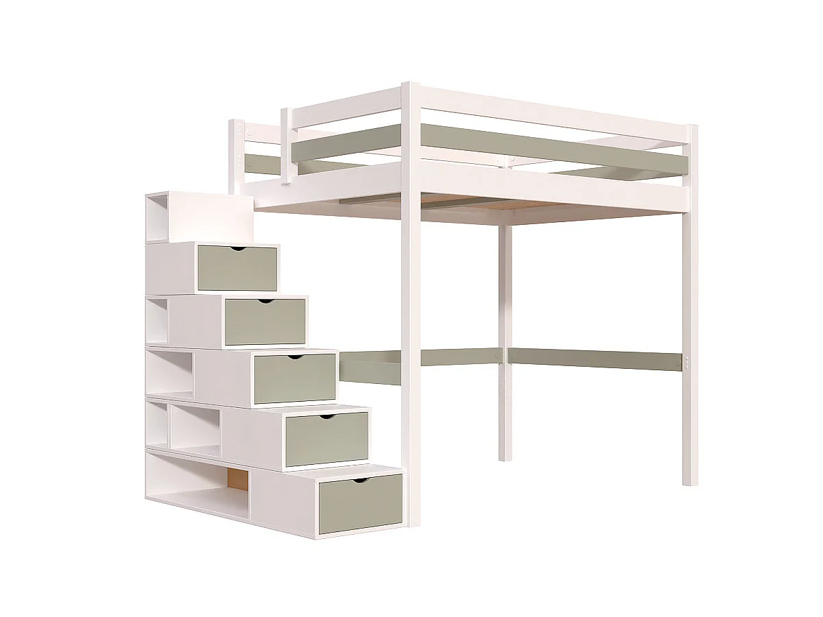 Lit mezzanine bois 140x200 Sylvia avec escalier cube, Blanc/Moka