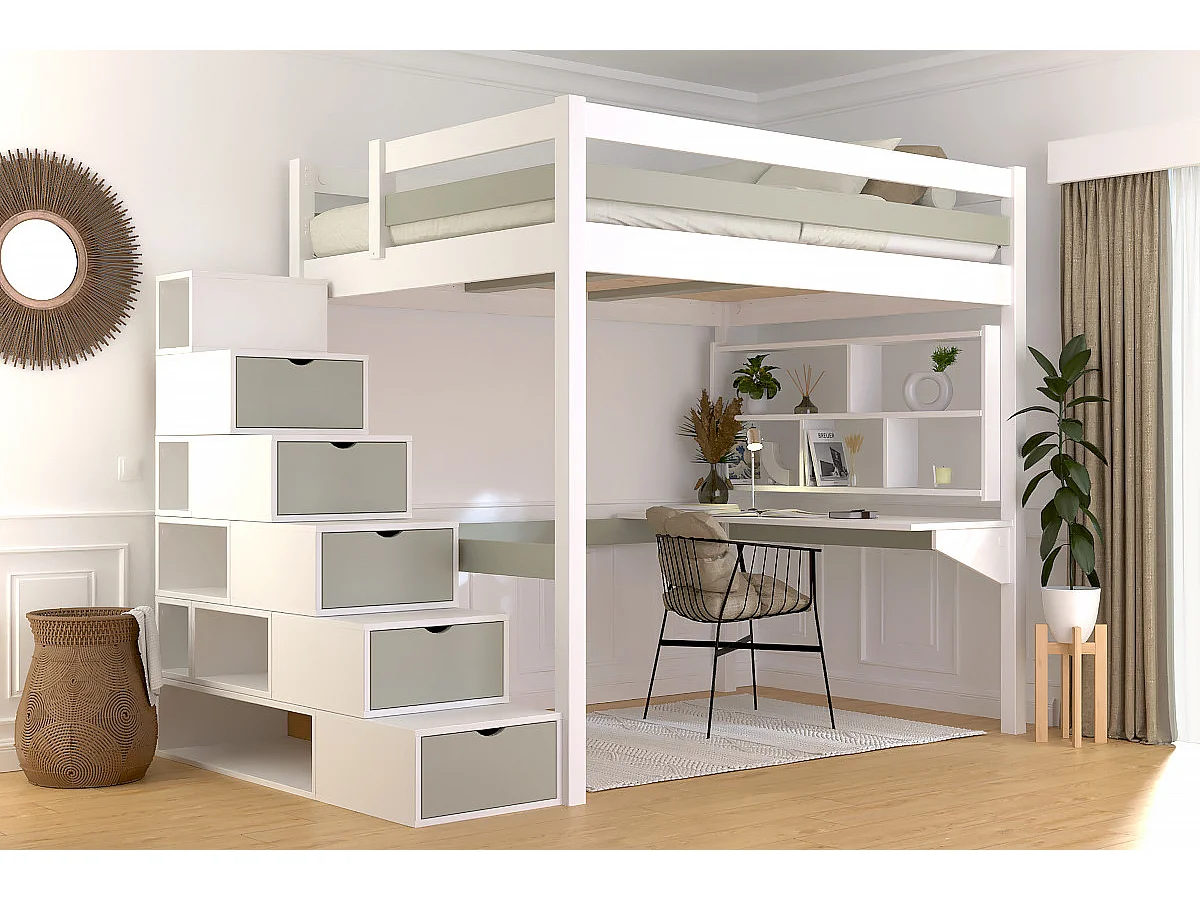 Lit mezzanine bois 140x200 Sylvia avec escalier cube, Blanc/Moka
