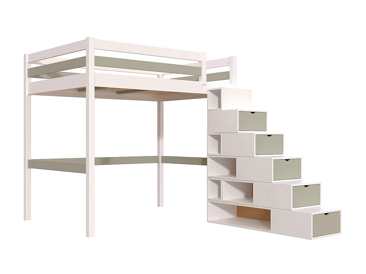 Lit mezzanine bois 140x200 Sylvia avec escalier cube, Blanc/Moka