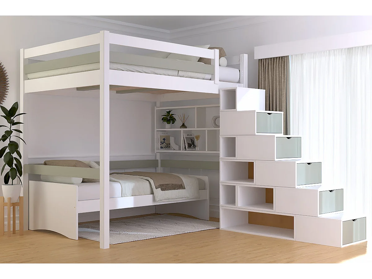 Lit mezzanine bois 140x200 Sylvia avec escalier cube, Blanc/Moka