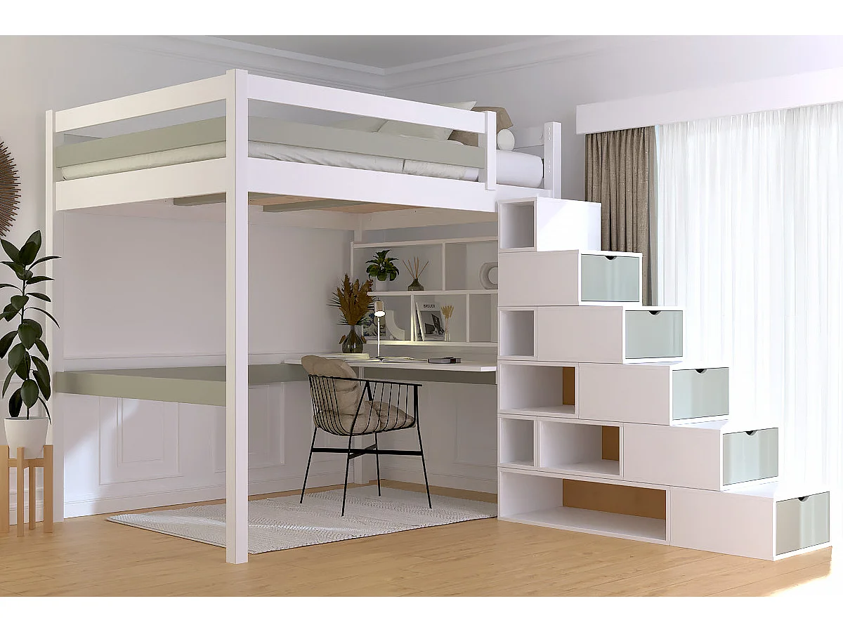 Lit mezzanine bois 140x200 Sylvia avec escalier cube, Blanc/Moka